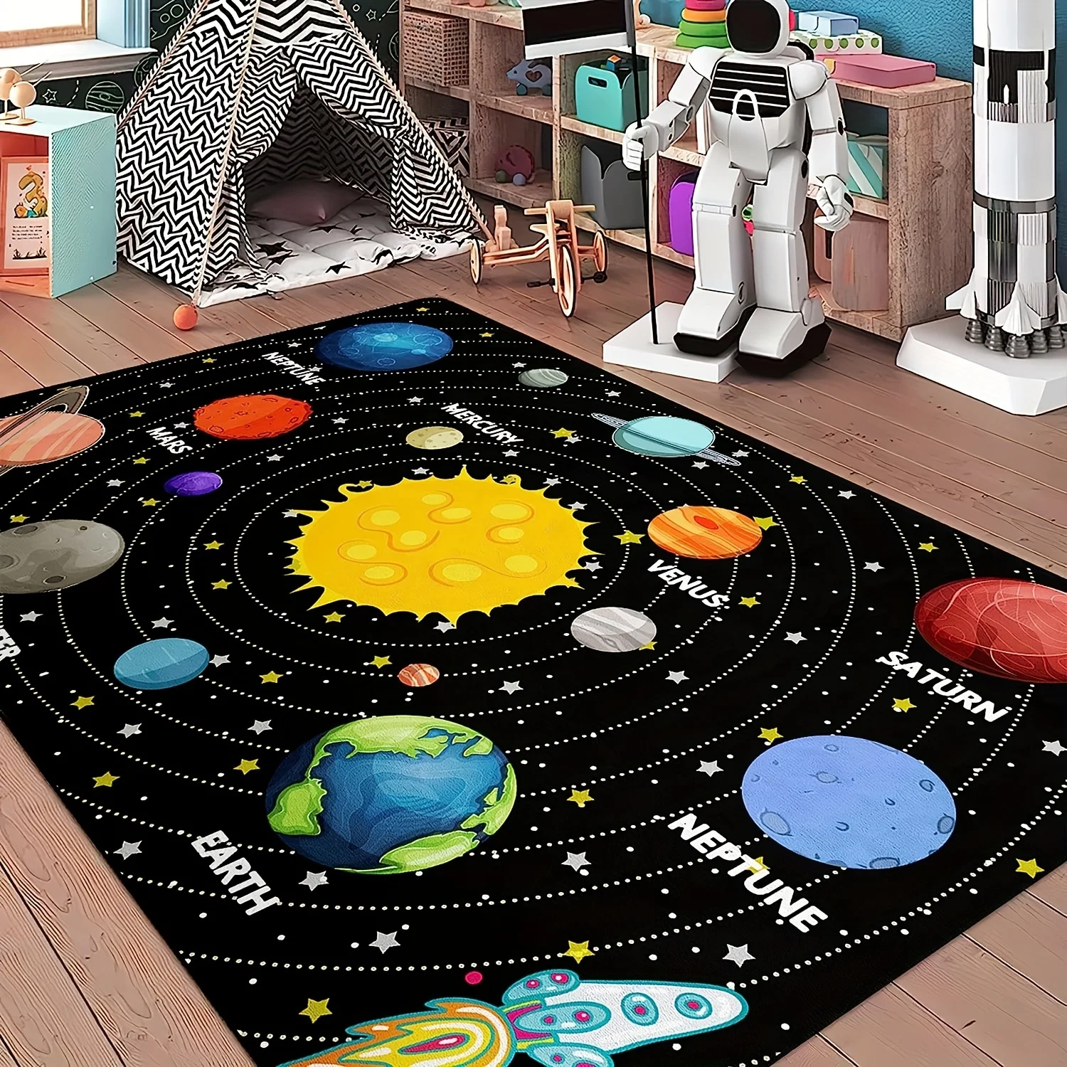 Starry Sky Pattern Rug, Solar System Planet Carpet, Non Slip Foldable Mat for Living Room Dining Room Gaming Room Home Decor