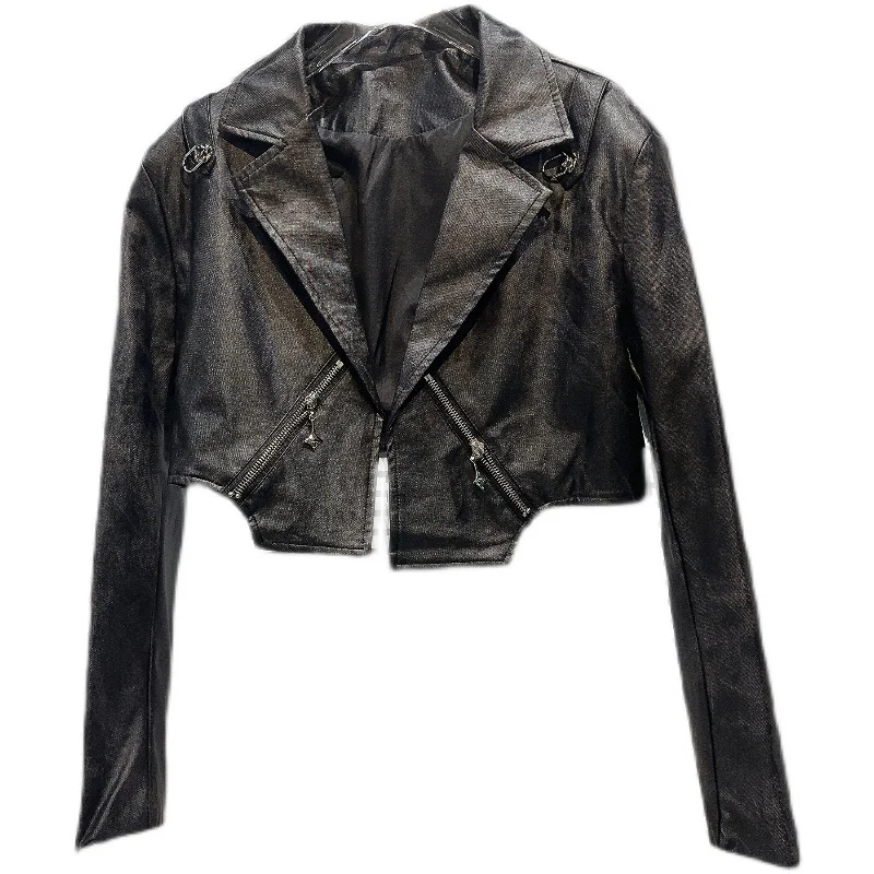 Street Sle ort PU الجلود Jaet 2023 الخريف Faion الصباغة Waed السائق Jaet سستة إغلاق طويل Sve قطع مستقيمة