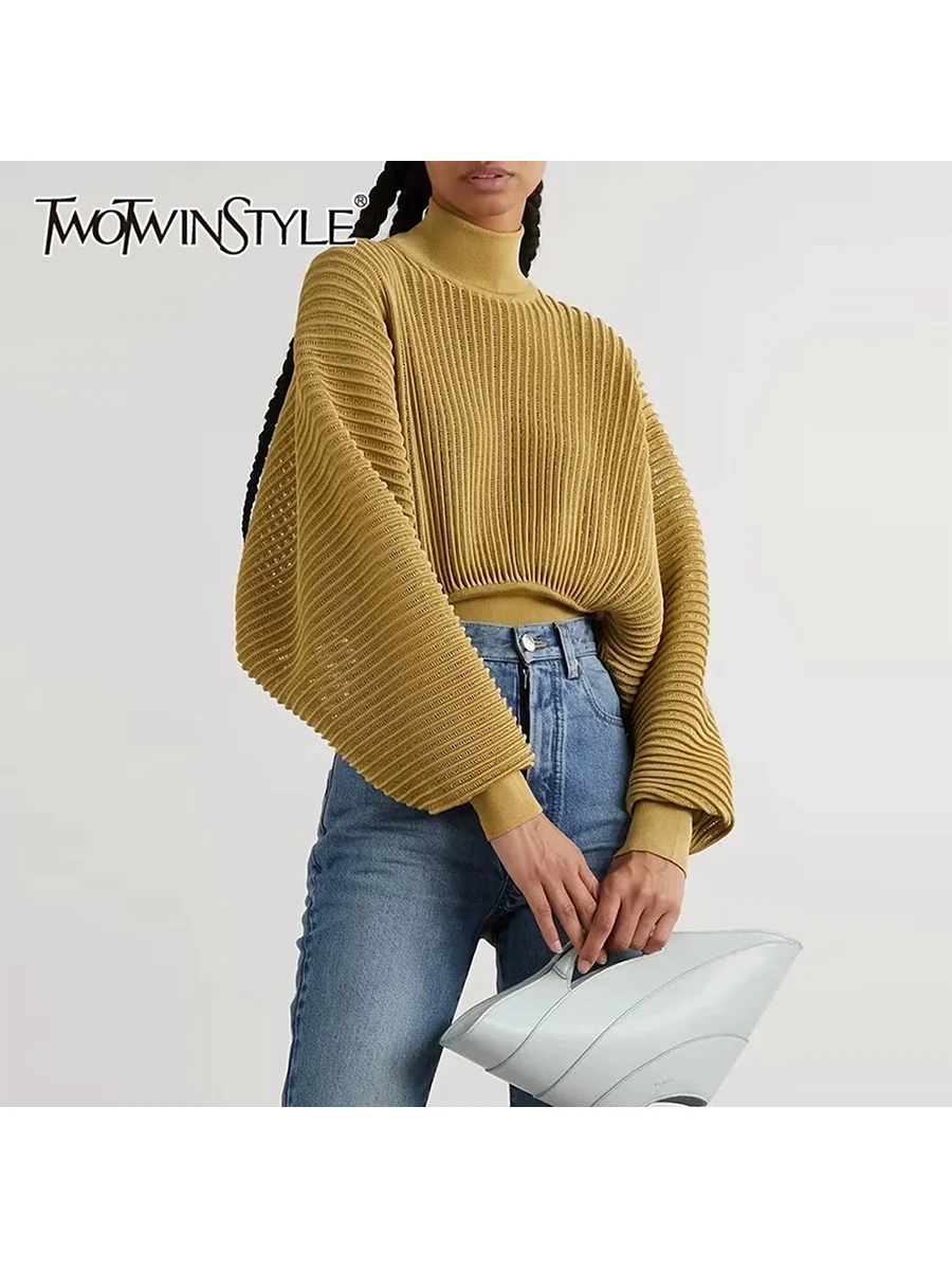 Twotwinstyle solto sheer minimalsit malha suéteres para mulheres gola alta mangas compridas básico camisola feminina roupas de moda nova