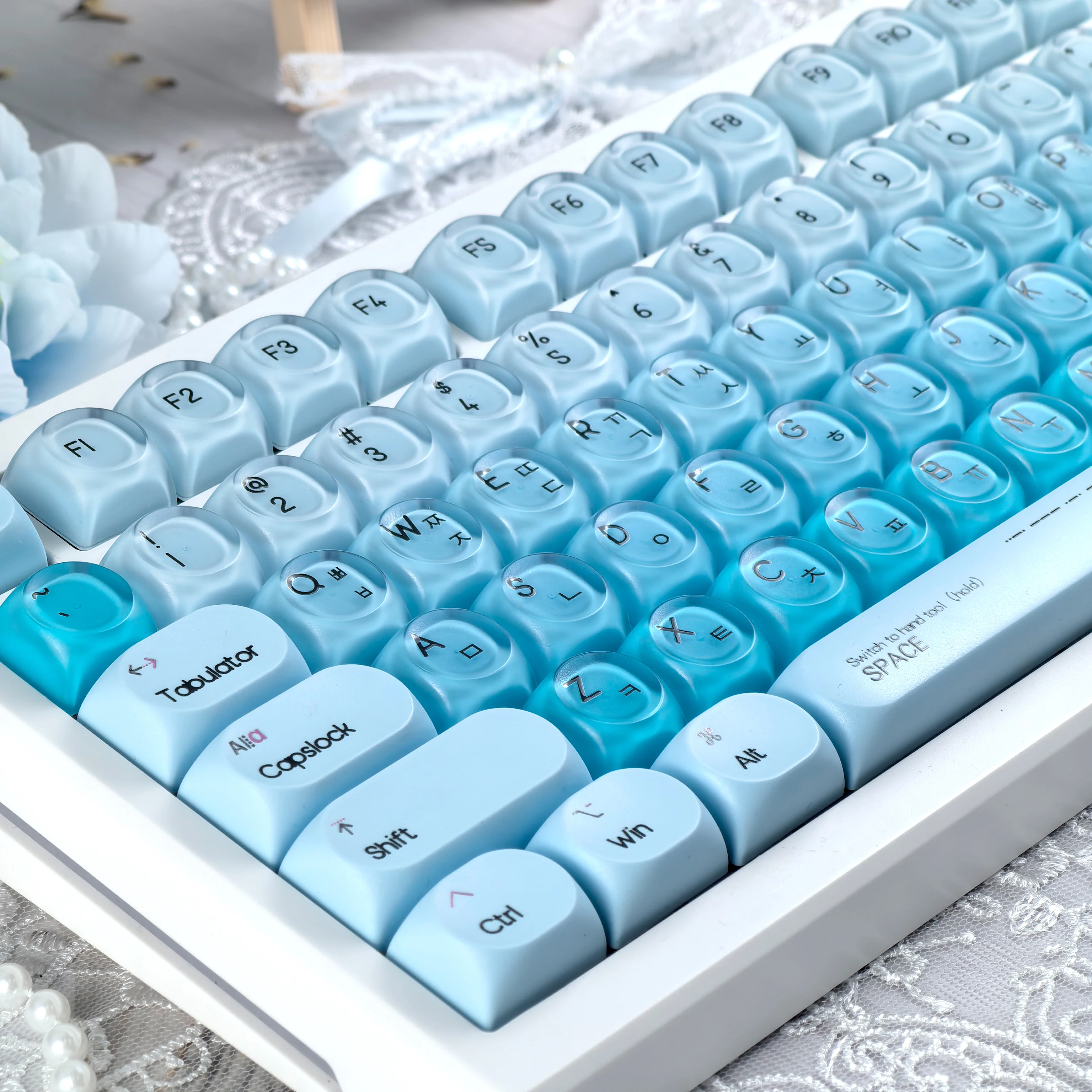 MAIMOOO Sky Blue Korean/Russian Keycaps PC HOA Foundation Keycaps Peach Blossom Pink AULA AJAZZ Custom Crystal Keyboard Keycaps