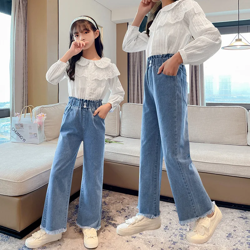 

Girls Jeans Autumn Kids Denim Pants Casual Jeans for Teens Girls Pants 4-16 Year Elastic Waist Children Wide Leg Pants Trousers