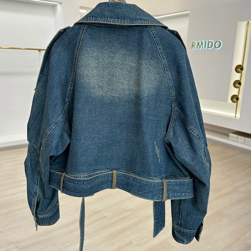 Vintage Blue Jeans Jacket Women's Short Coat Loose Denim Jackets Bomber Jacket Long-sleeved Top Design Aesthetic Goth Trendy
