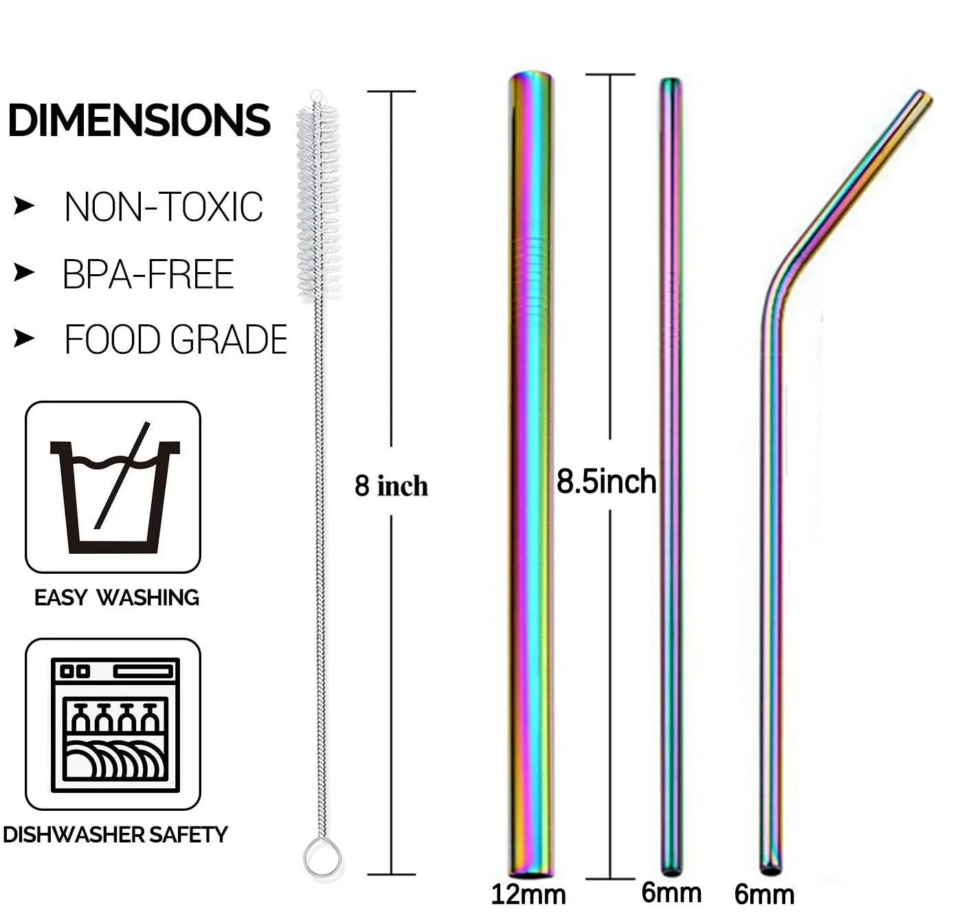 Paille métallique réutilisable en acier inoxydable 304, ensemble de pailles à boire avec brosses de nettoyage, accessoire de fête pour Bar en paille Boba droite et courbée