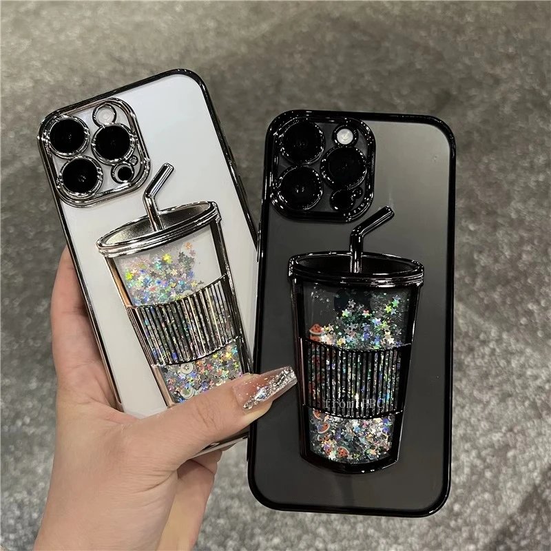 

Glitter Quicksand Milk Tea Cup Case for iPhone 14 15 Pro Max 16 Plus Shell Camera Lens Glass Protector Plating Soft Cover Luxury