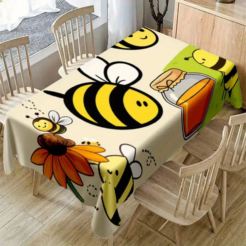 Bee Honey Tablecloth, Cream Background With Cartoon Insect Pattern, Waterproof Table Cover for Daily Meals & Home Party Use