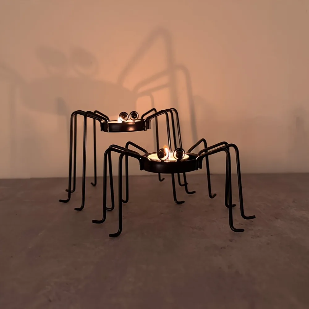 2 Piece Gothic Style Halloween Spider Candlestick Rust-proof Iron Candle Holder Black Stable Halloween Tealight Rack Bathroom