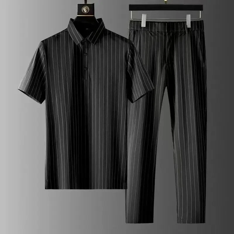 

Summer Stripe Linen Men's Set Turndown Collar Short Sleeve T-Shirt Elastic Waist Ankle Length Casual Pants Two Piece Set
