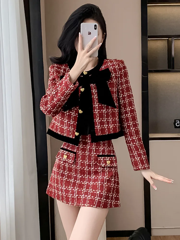 High Quality Christmas Tweed Skirt Two Piece Set Women Sweet Chic Bow Short Jacket Coat + Mini Skirt Suits Elegant 2 Piece Set