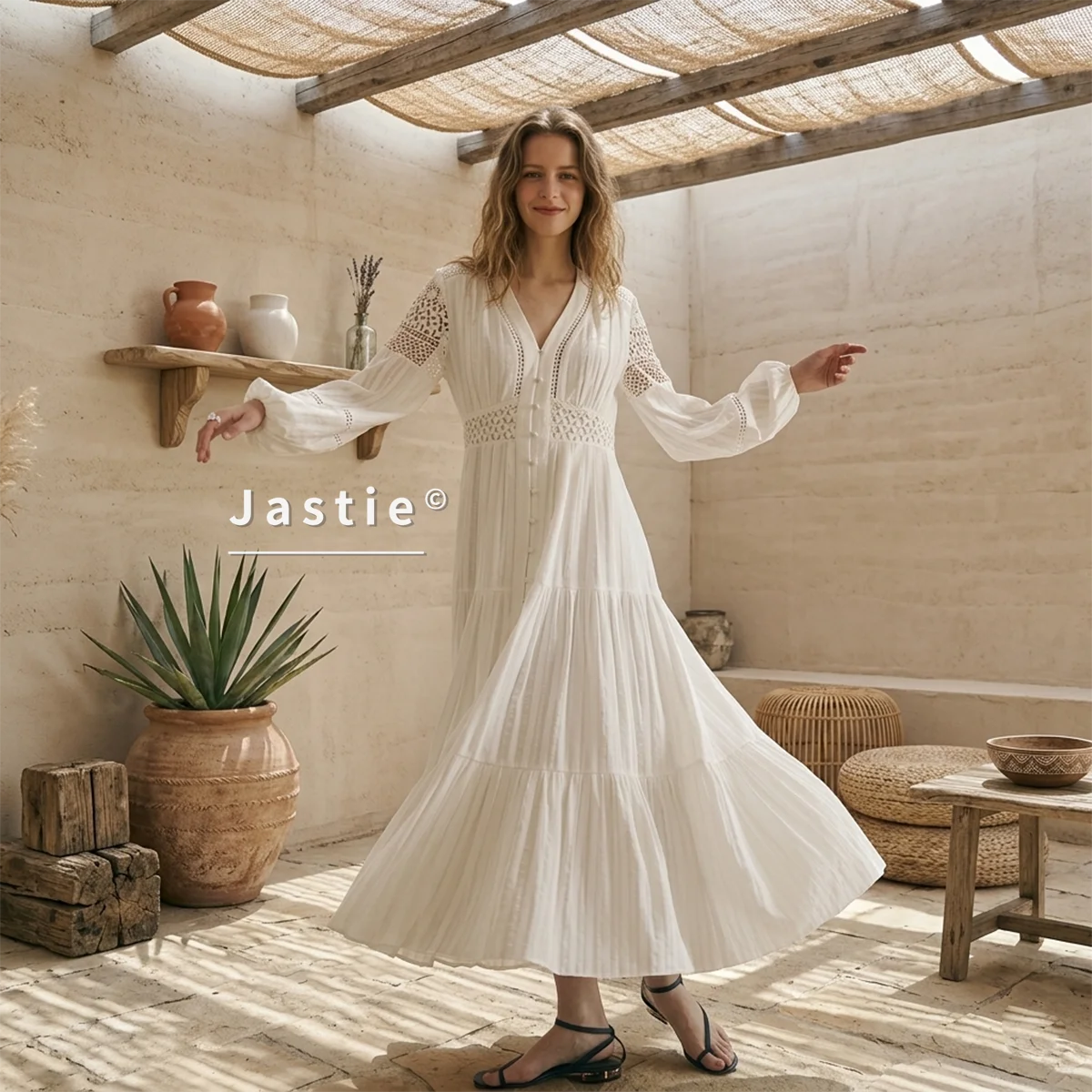 Jastie Embroidered Women Maxi Dress V-Neck Long Sleeve Casual Spring Summer Dresses Hollow Waist Boho Beach Vestidos
