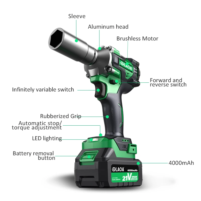 LAOA Electric Impact Wrench 21V Brushless Wrench Rechargeable Hand Drill Installation Power Tools with Li-ion Battery 380N.m