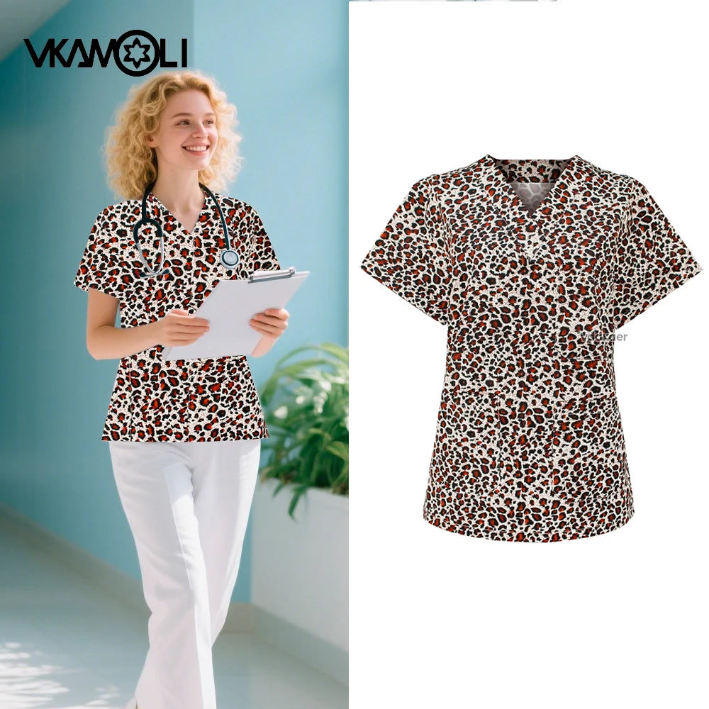 

Распродажа: Топы-рубашки для медсестер и врачей с леопардовым принтом, забавная униформа, медицинская одежда, рабочие топы для медработников.