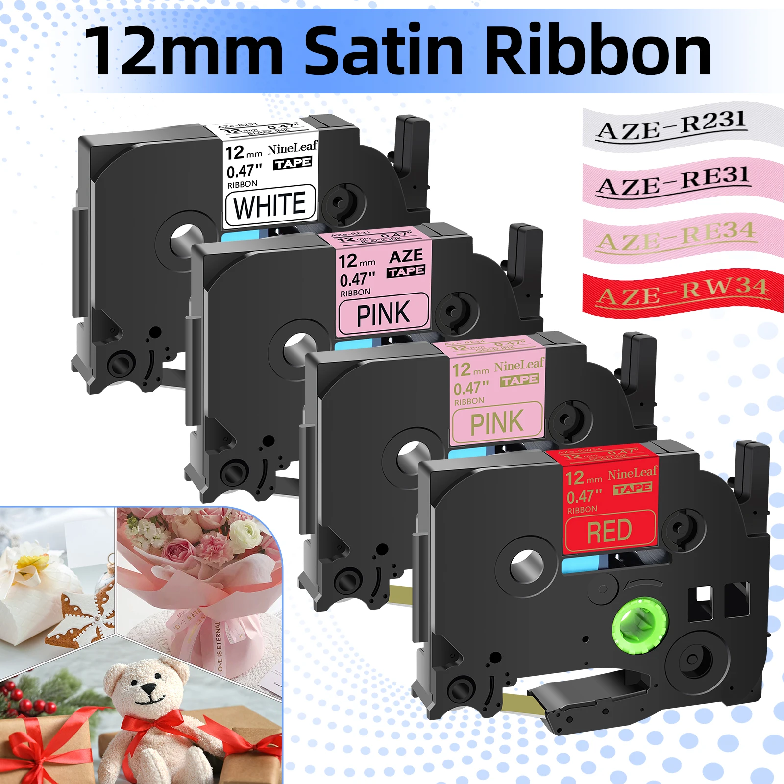 12mm Satin Ribbon Compatible for Brother TZ TZe-R234 RW34 R231 Non-Laminated Gift Tape Ribbon for P-Touch PT-H100 Label Printer