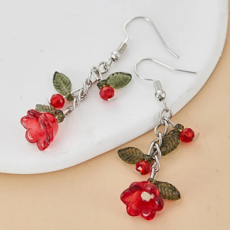 

Romantic Y2K Red Flower Sweet Fashion Creative Pendant Earrings Ladies Elegant Temperament Party Girlfriend Wife Gift Daily Wear