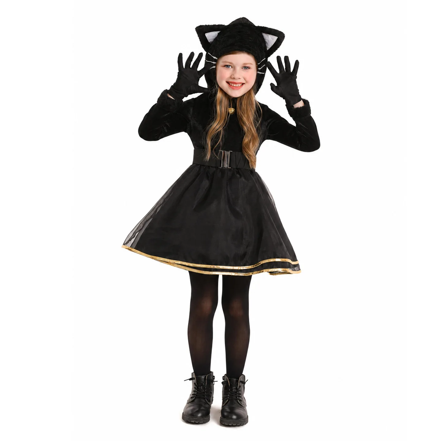 Disfraz de gato negro para niñas de la marca Umorden, ideal para fiestas de disfraces de Halloween, con capucha y guantes.