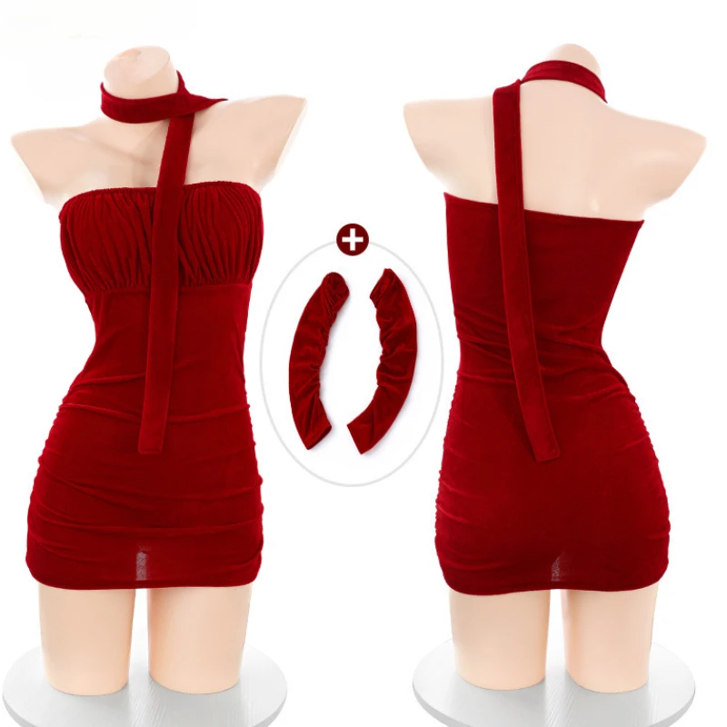 Sexy Velvet Red Dress Women Strapless Christmas Party Uniform Cosplay Costume Nightdress Role Play Underwear New Year Outfits