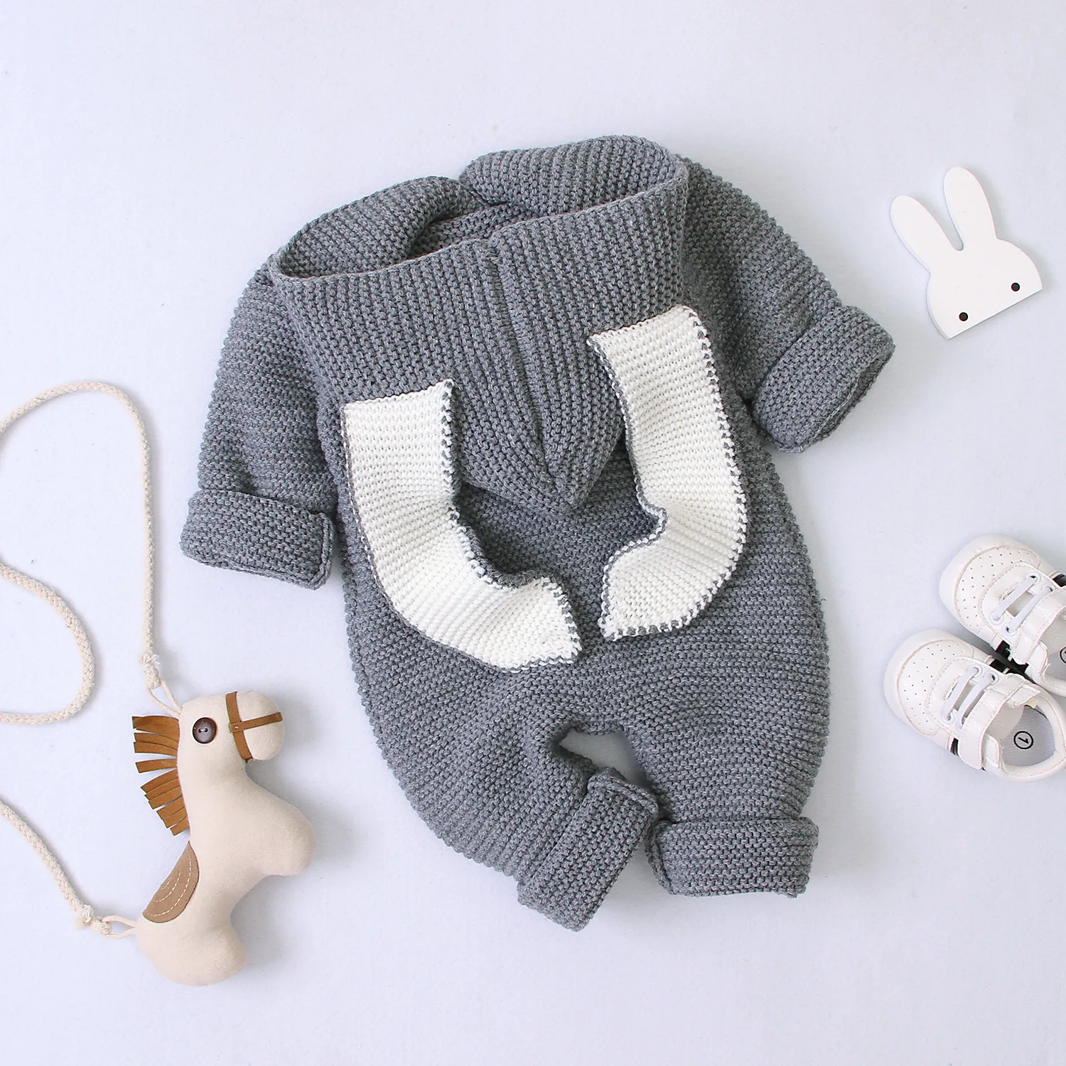 Spring Autumn Baby Romper Infant Bunny Ears Hooded Onesie Toddler Boy Girl Knitted Jumpsuit Solid Rabbit Button Pajamas Homewear