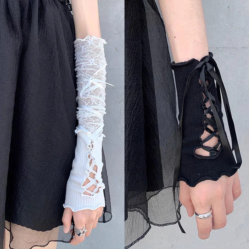 

Gothic Strapping Gloves Women Lolita Lace Flower Fingerless Sleeves Black Hollowed Out Mesh Punk Mitten Clothing Accessories