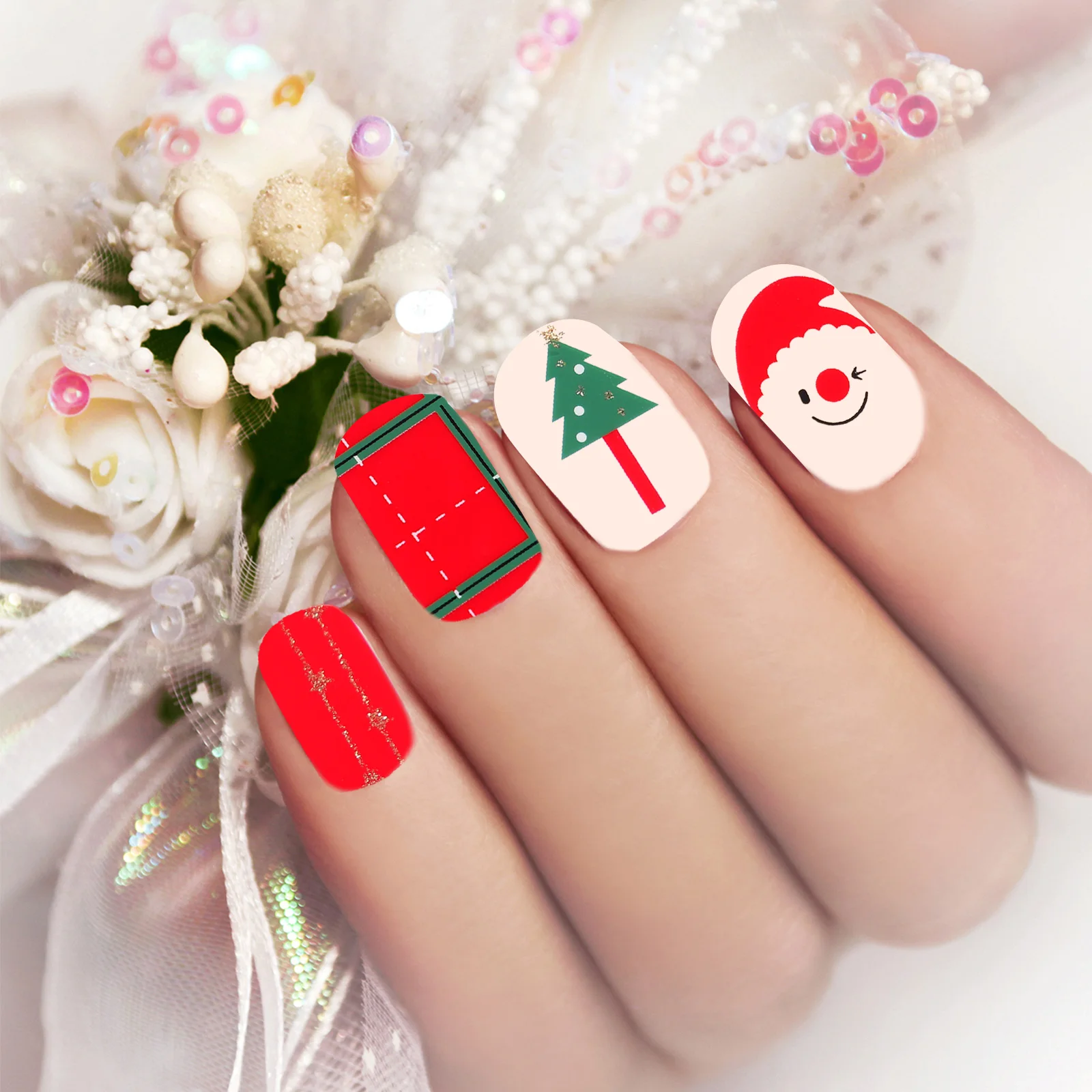 

9 Sheets Christmas Nail Decals Self Adhesive Nail Stickers for Women Easy to Use DIY Manicure Fingernail Decoration Patches