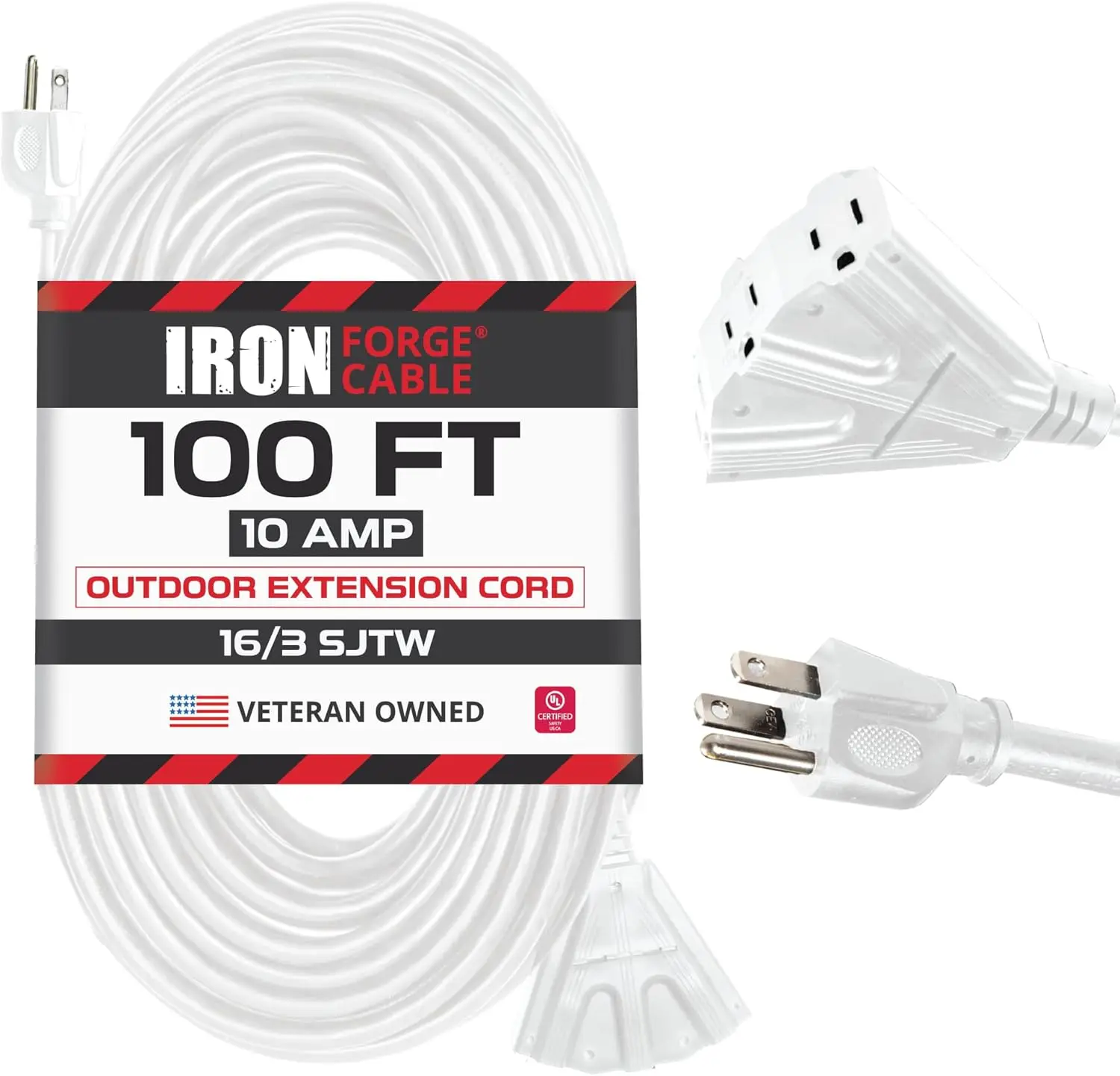 100 ft long extension cord 3 receptacles 3 plugs, 16/3 weatherproof white extension cord, multiple receptacles 100 ft