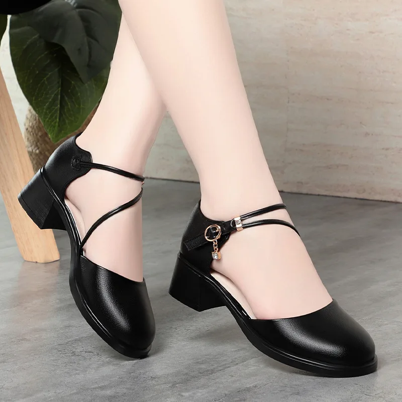 4.5cm All Match Spring Summer Round Head Med Block Heels Shoes 2026 Bandage Soft Leather Shoes Platform for Office Mom - view 3