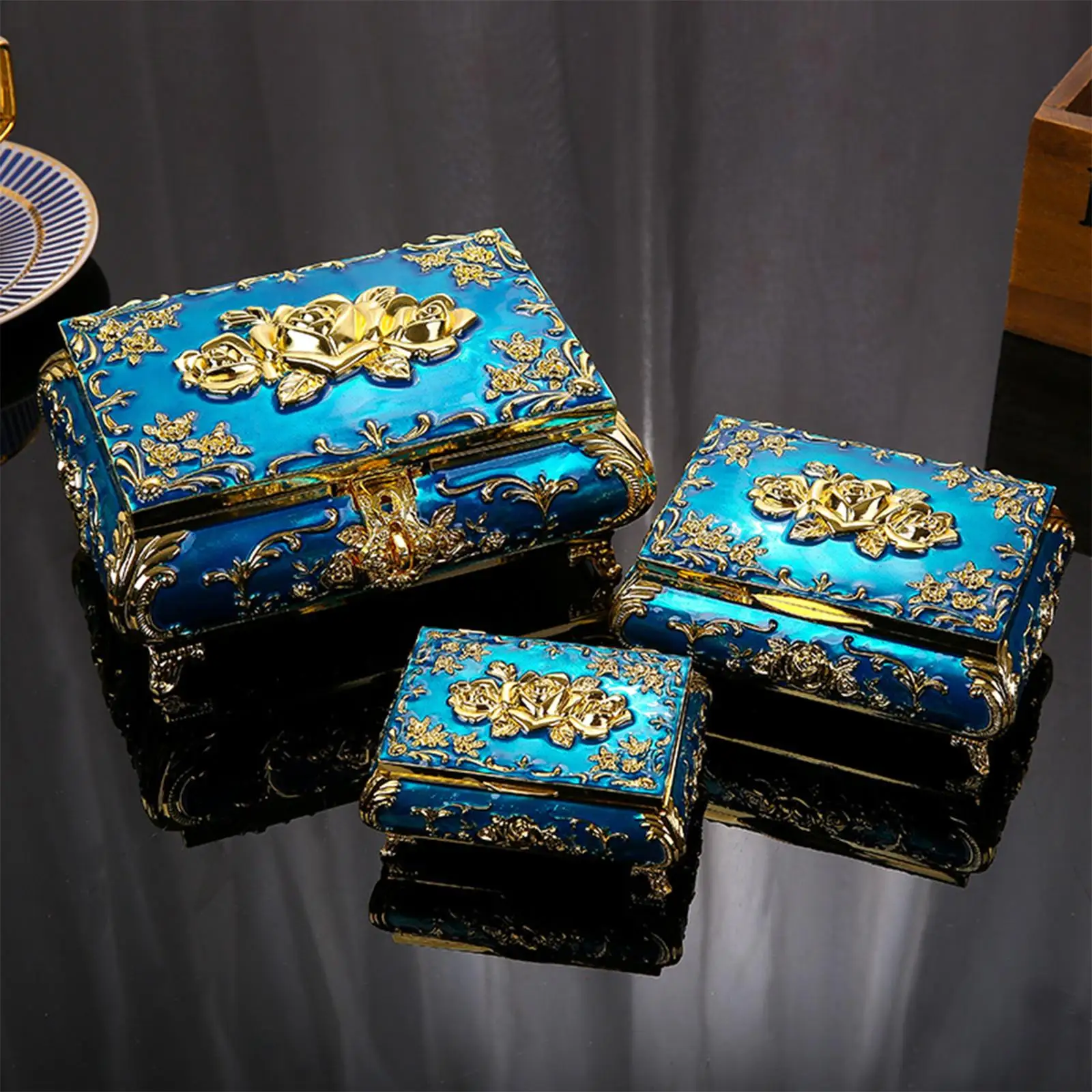 Golden Rose Engraved Trinket Box Blue Jewelry Box Keepsake for Rings, Earrings, view 5