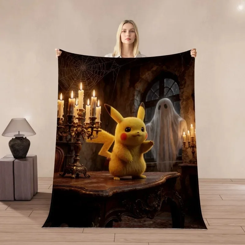Halloween Pikachu Flannel Throw Blanket Moon Pumpkin Ghost Witch Print Soft Warm All Season Sofa Bed Nap Air Conditioner Cover