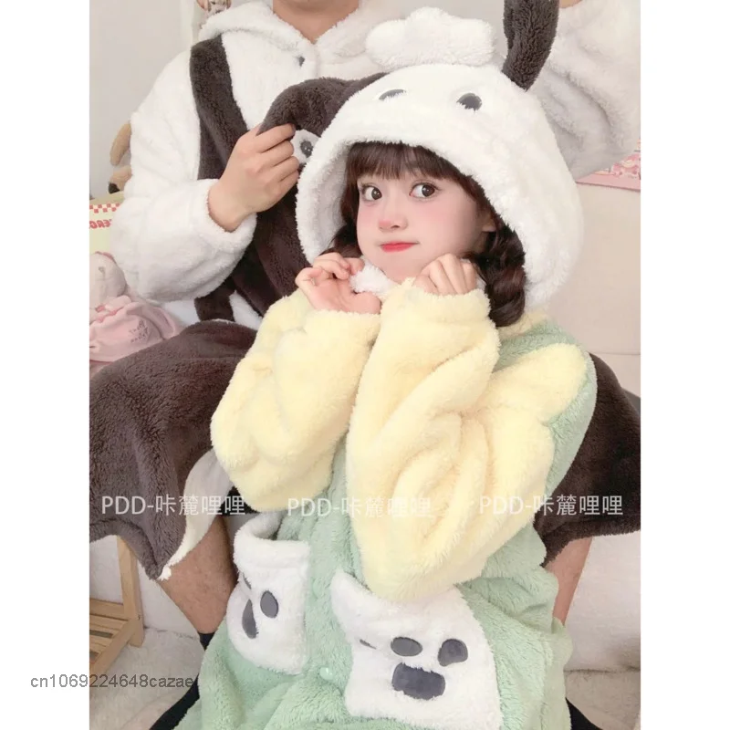 Sanrio Pochacco Winter Flannel Warm Pajamas Couple 3D Printed Nightgown Cute Student Long Coral Velvet Home Garment For Women