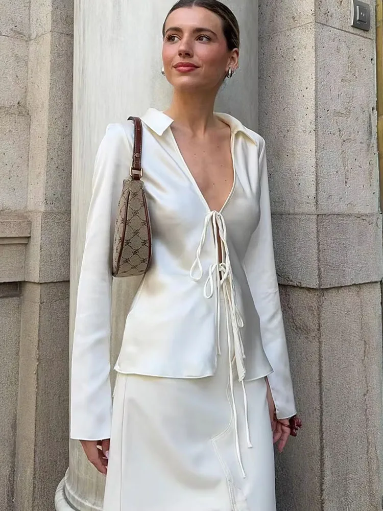 

2024 модная элегантная женская белая рубашка из атласа с бантом, кардиганы с длинным рукавом и v-образным вырезом, повседневные универсальные блузки, элегантный стиль