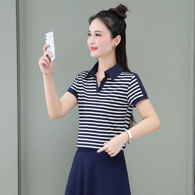 New Women'S Summer Thin Stripe Fashion Versatile Short Sleeve Mom Comfortable Versatile Loose Casual Sports Lapel Collar Top