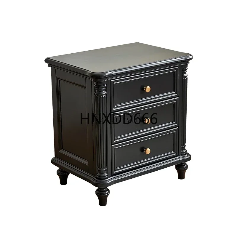 

New Arrivals Black medieval all solid wood bedside table French retro bed walnut three drawersss 7304