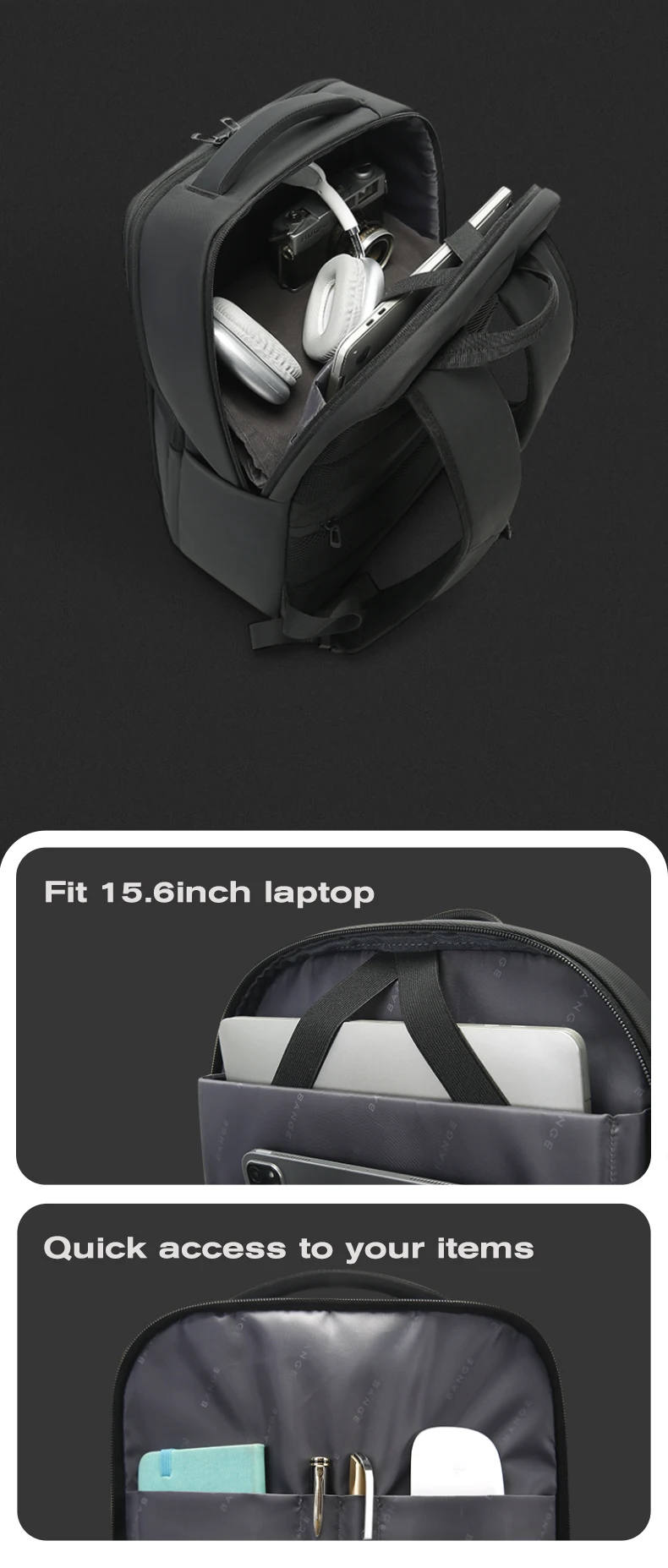 BANGE Neu eingetroffen: Großer, leichter, wasserdichter Business-Laptop-Rucksack (15,6 Zoll) für Herren und Teenager, geeignet für die Schule. – Detail 7