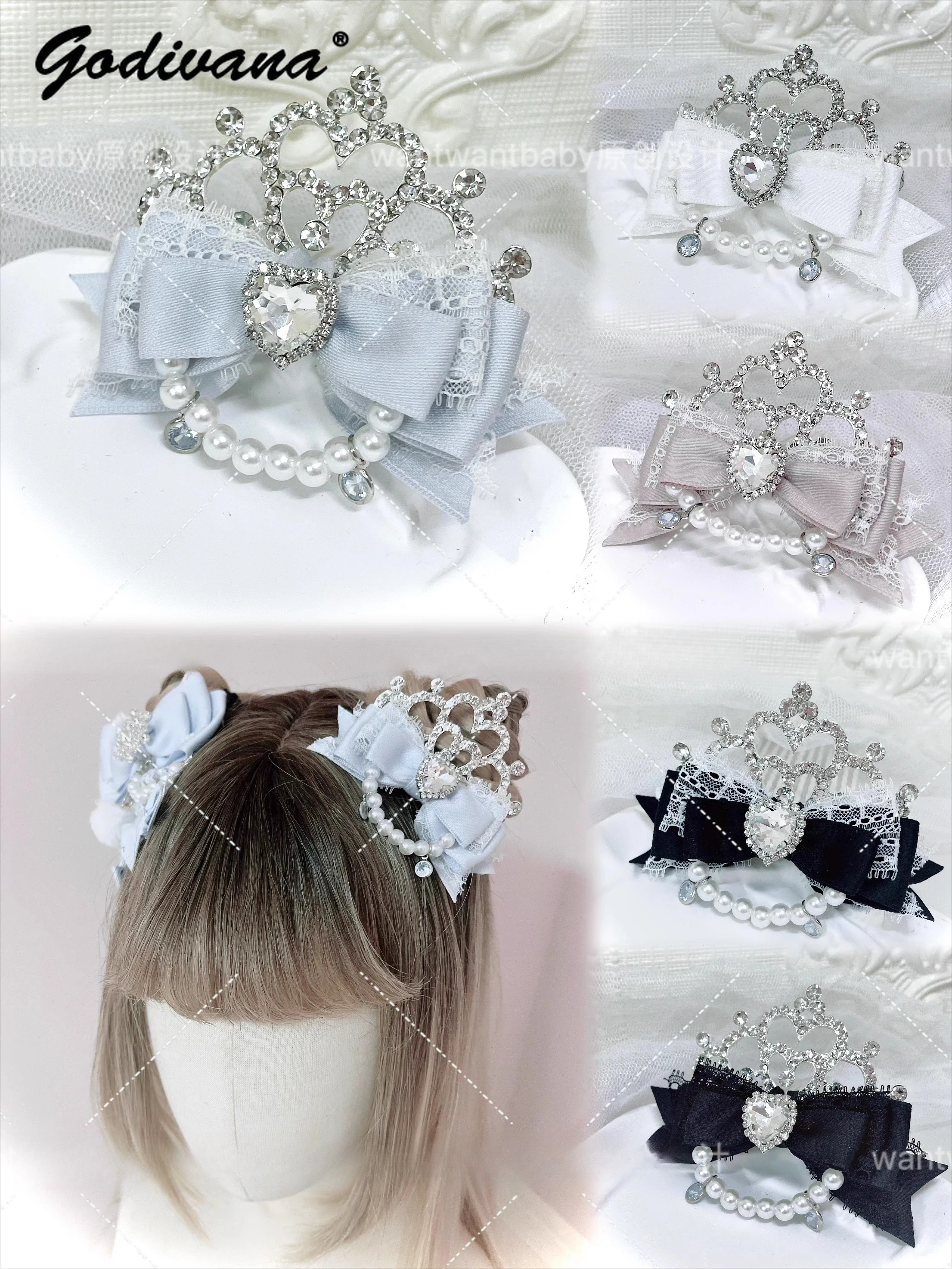 

Original Handmade Japanese Style Lolita Pearl Rhinestone Lace Bow Crown Hair Comb Size Clips Girl Women's Sweet Headwear