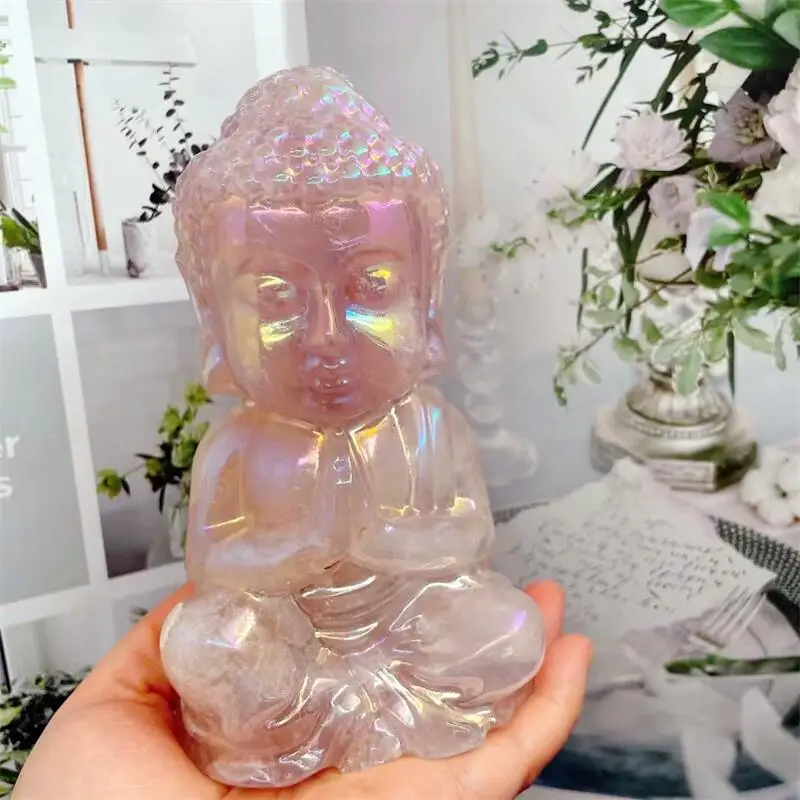 Natural Aura Rose Quartz Buddha Carving Polished Reiki Healing High Quality Room Decor Energy Gift 1PCS