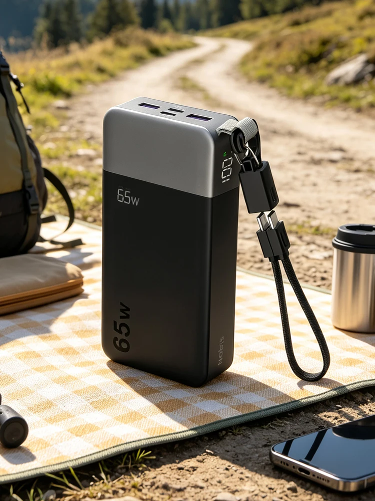 NOBIS 65W 20000mAh Powerbank Tragbares Ladegerät mit Digitalanzeige, Dual USB-C/USB-A Schnellladung mit Kabelband für MacBook iPhone 18/17 16 15 14 13 Samsung S26 S25 S24 S23