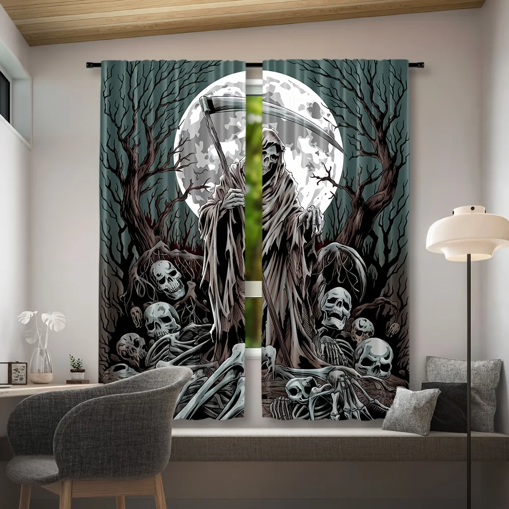 Grim Reaper Curtain, Gothic Skull Moon Window Drape, Horror Skeleton Blackout Panel, Halloween Party Haunted House Decor