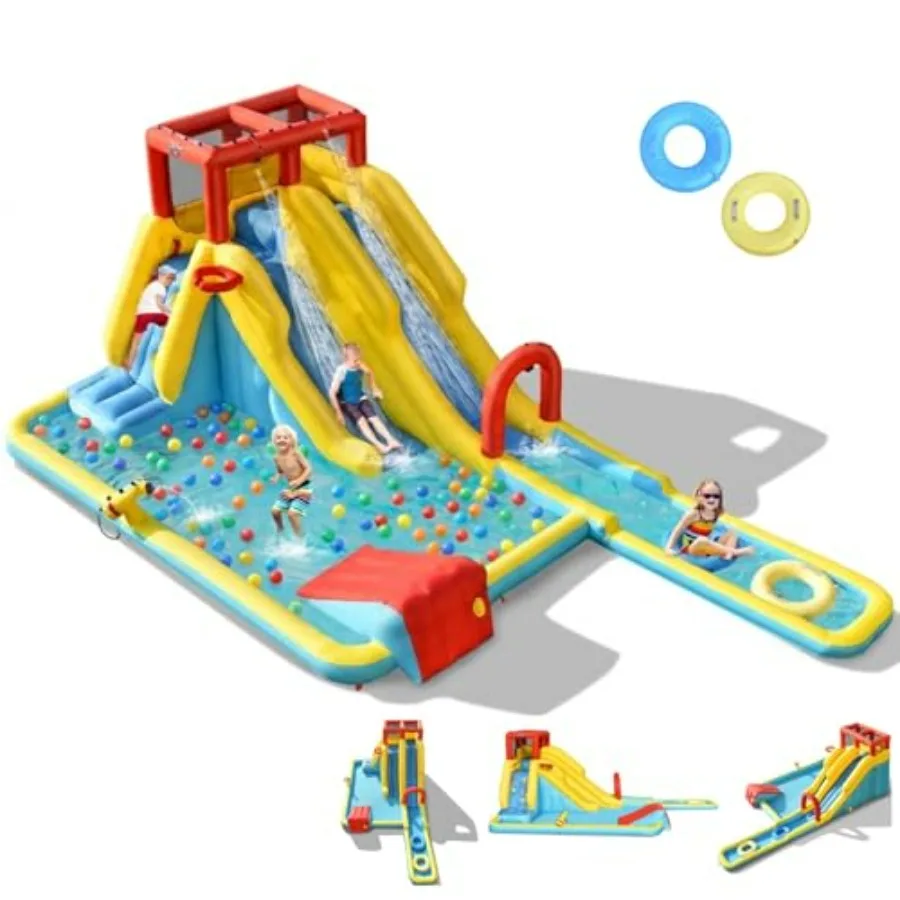 Outdoor inflatable water slide park for kids aged 3-12 featuring dual surfing slides, bouncy castle, large splash pool, and 2 s