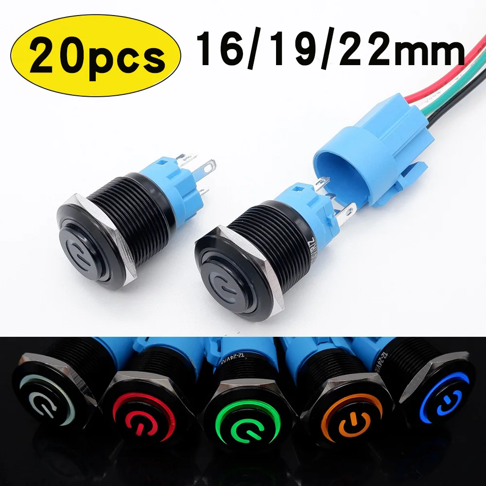 

20PCS 16/19/22mm Metal Push Button Switch Illuminated Led Light PC Power Black High Head Momentary Latching Switches 12V 5V 24V