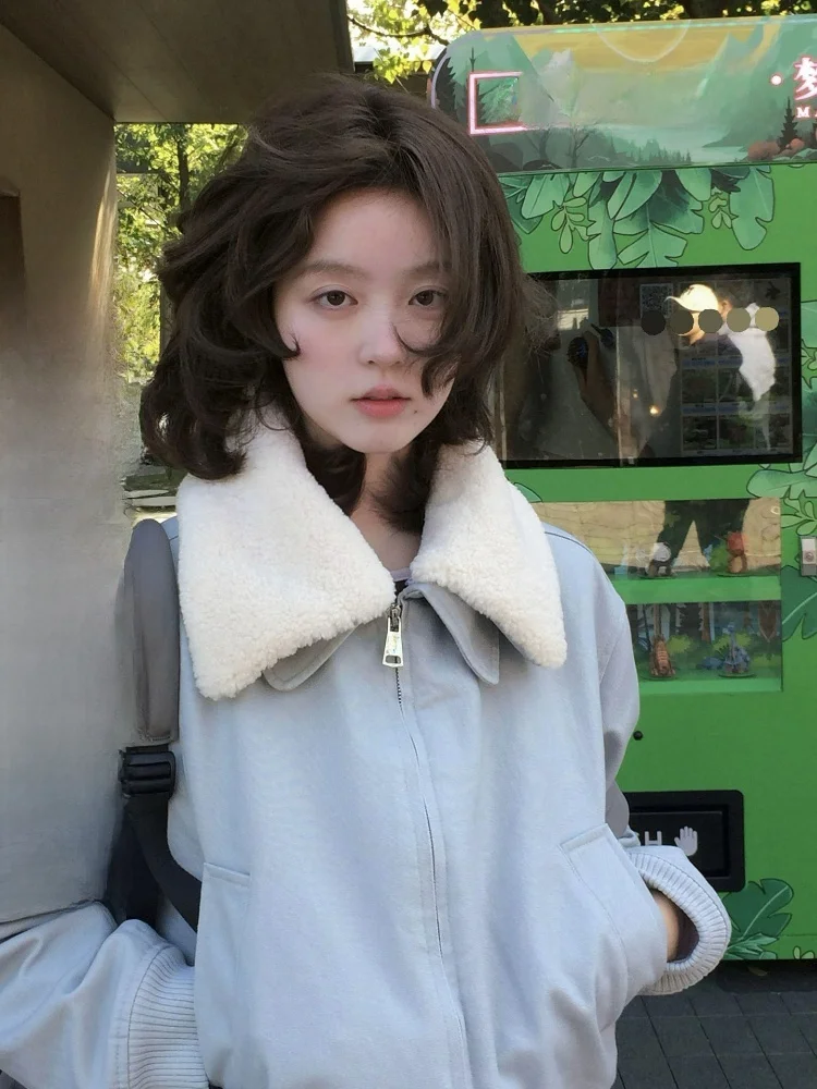 

Синяя женская зимняя куртка-пилот из хлопка с отложным воротником и меховой отделкой, для повседневной носки, тонкая, однотонная