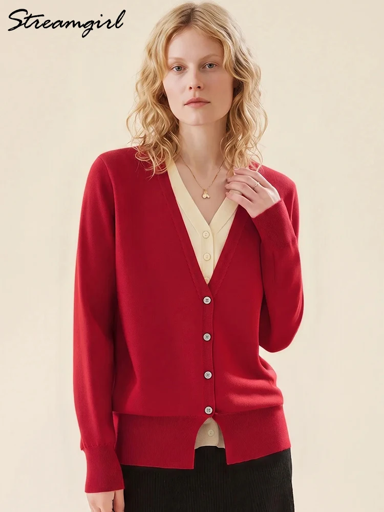Women Vintage Color Block Fake Two-Piece Knit Cardigan V-Neck Loose Single Breasted Sweater Coat Autumn Winter Retro Outerwear