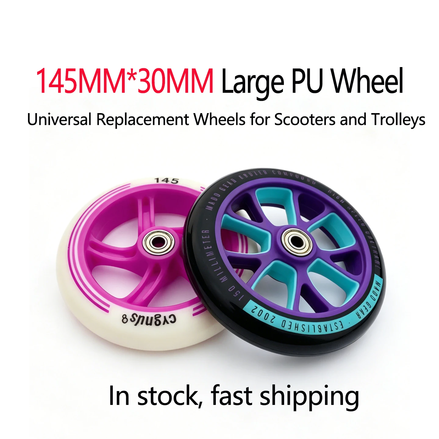 

2 шт. 145-мм полиуретановые колеса для самокатов, универсальные для тележек, складных самокатов и прицепов. Высокая эластичность и бесшумность.