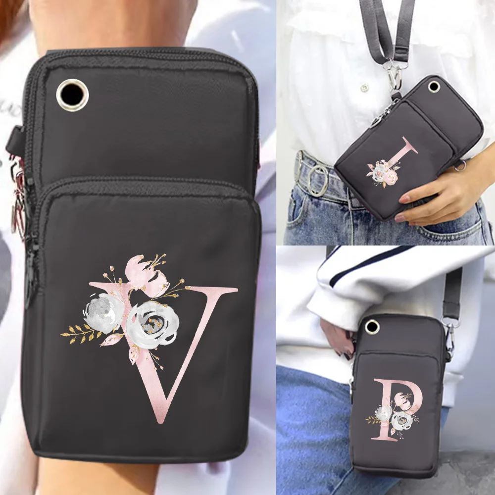 Mobile Phone Bag Wrist Pack Wallet Shoulder Bags Universal Apple/Huawei Waterproof Cell Phone Packet Pink Flower Print Organizer