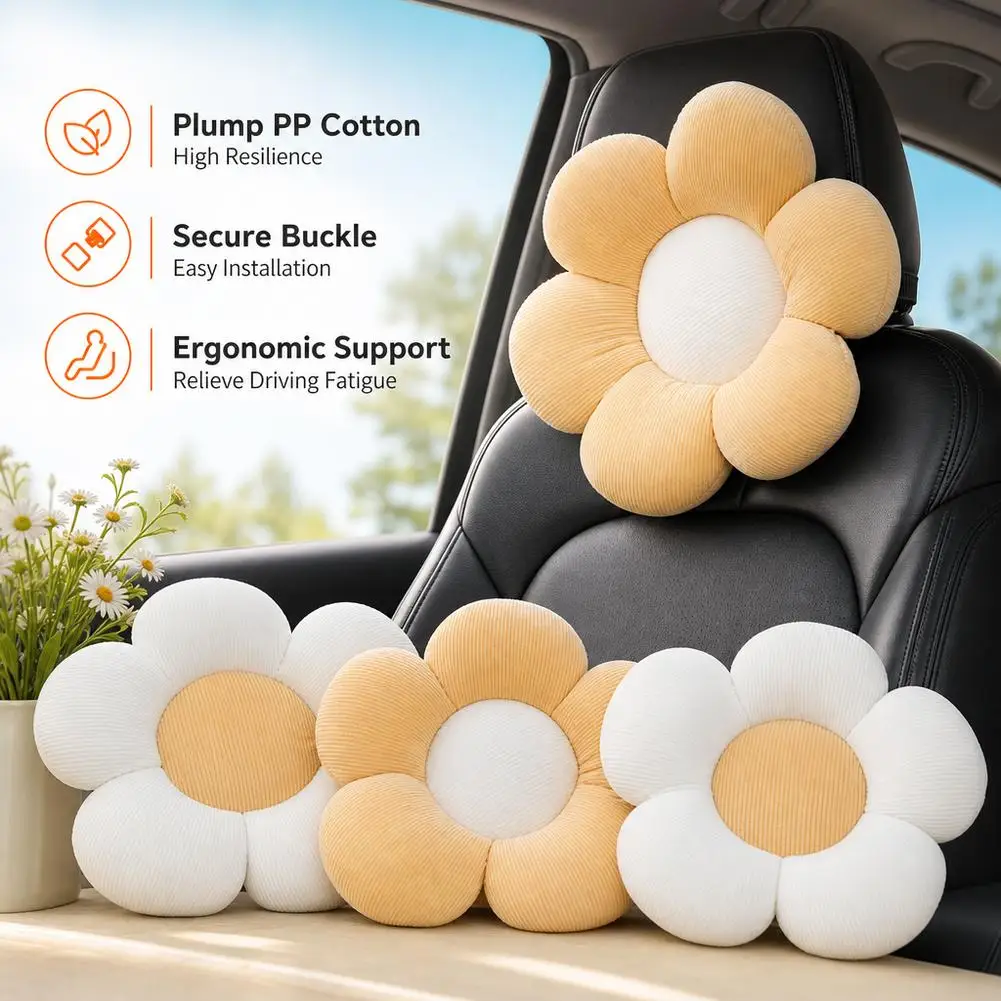 1pc Cute Car Neck Pillow Cartoon Design Sunflower Car Headrest Simple Cute Interior Accessories Creative Gift for Girls