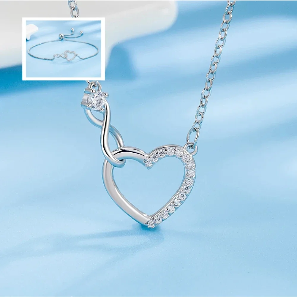 

PABEYN S925 Sterling Silver Heart Shape Necklace Bracelet For Women Premium Artificial Diamond Jewelry Set Holiday Boutique Gift