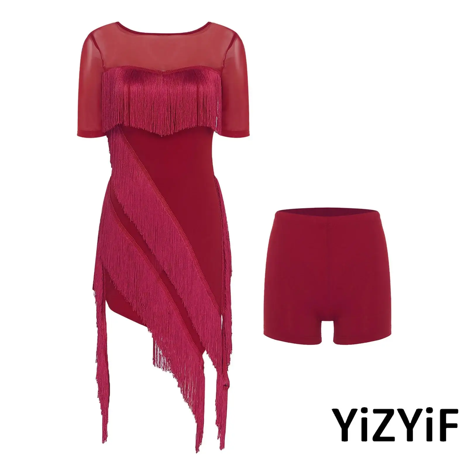 

Womens 2Pcs Latin Tango Dance Costume Tiered Tassel Irregular Hem Short Sleeve Dress with Safety Shorts Chacha Rumba Salsa Dress