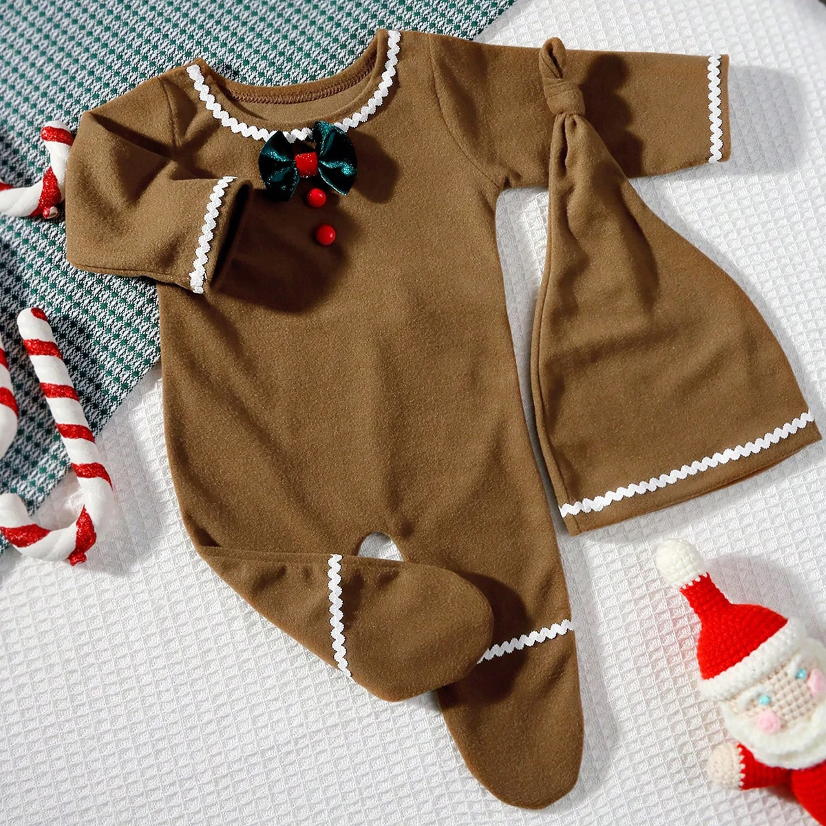 Ylsteed Newborn Boy Christmas Photography Outfits Baby Buttons Footed Jumpsuit with Sleepy Hat Bowknot Overall for Picture Shoot