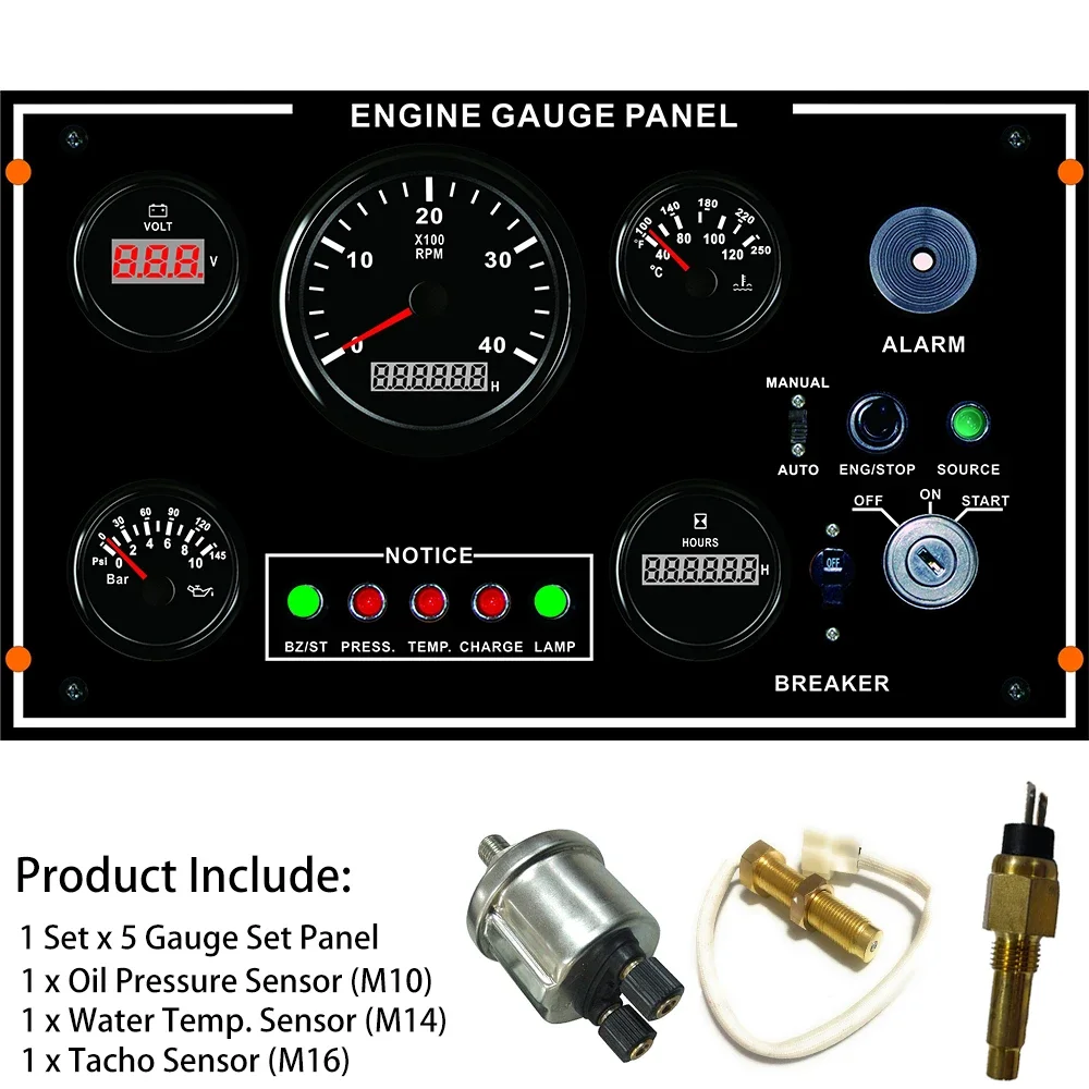 Waterproof 5 Gauge Set Panel with 3/4KRPM Tachometer Oil Temp. Water Temp. Oil Pressure Voltmeter Hourmeter 350*200mm 12V or 24V