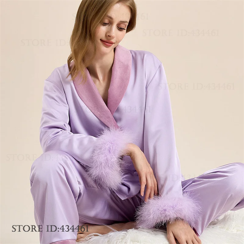 Thicken Velvet Female Pajamas Set Lounge Wear Elegant Satin Velour Sleepwear Trouser Pijamas Suit Wedding Pyjamas with Feather