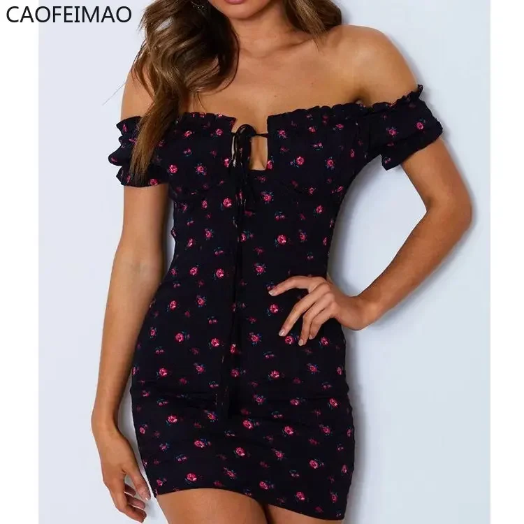 2025 verão feminino floral envoltório vestido fora do ombro amarrar frente plissado mini vestido senhora do escritório slash neck impresso lápis vestido