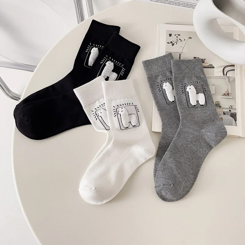 Women Socks Men Unisex Cylinder Cartoon Plush Alpaca Animal Print Lovely Personality Contracted Joker Stockings Wear Four Season