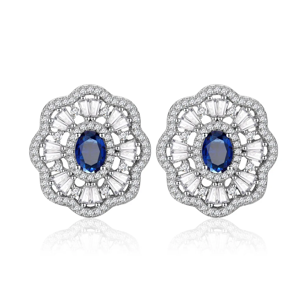 Fashionable and Luxury 5 * 7mm Oval Simulated Royal Sapphire Earrings for Women 925 Silver Micro Set with Full Diamond Earrings